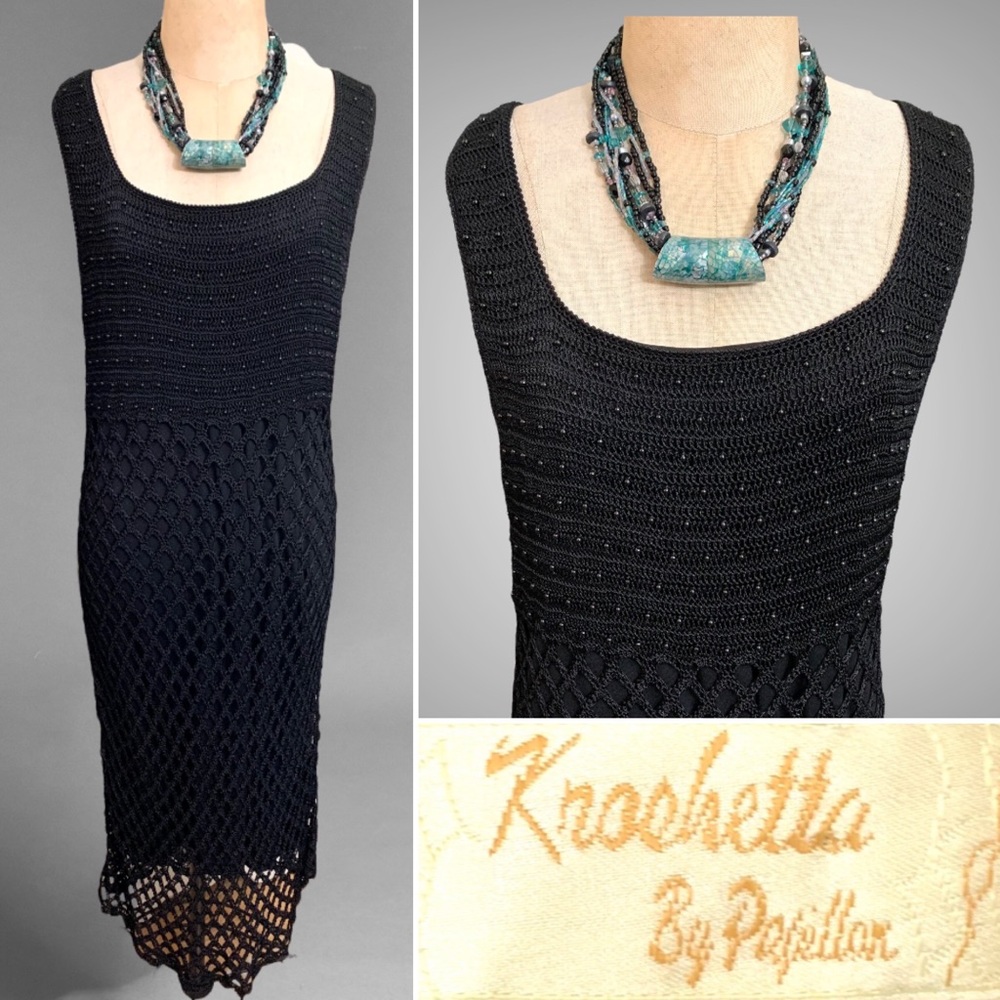 Kroshetta by Papillon vintage black beaded crochet cocktail dress- XL